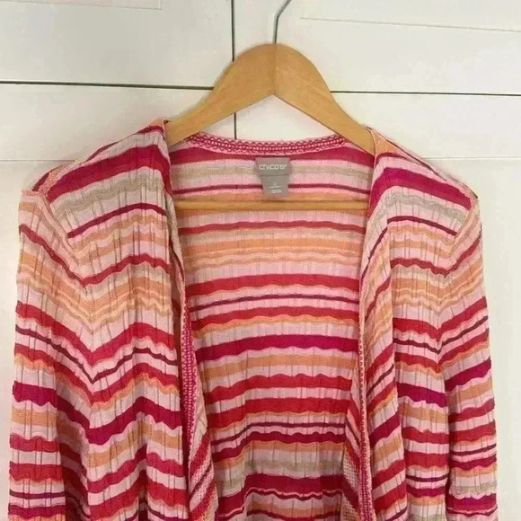 Chico's Knit Sweater Cardigan Open Front Waterfall Fringe Edge Chico's Size 2 - Picture 2 of 13